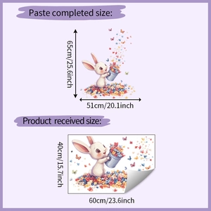 Size specifications for rabbit and flower wall sticker showing layout and finished dimensions