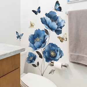 Blue flower and butterfly wall stickers with gold edges for bedroom and living room decor