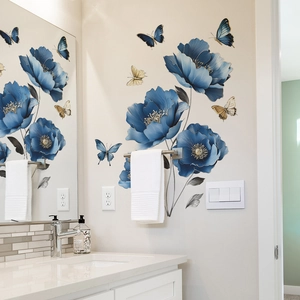 Blue floral and butterfly wall stickers set with gold outlines for home wall decor