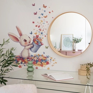 Self-adhesive wall decal with cute rabbit, flowers and butterflies for home decoration
