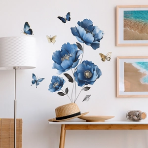 Blue flowers and butterflies wall stickers for living room decor with a modern style