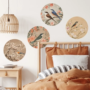Chinese Style Flower Bird Pattern Round Wall Stickers PVC Self Adhesive Waterproof Decorative Decal For Living Room Bedroom Home Wall Decor