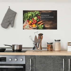 Modern kitchen wall art with fresh vegetables and text on a white dining room wall