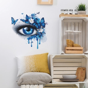 Blue eye and butterfly wall sticker with artistic floral accents for home decor