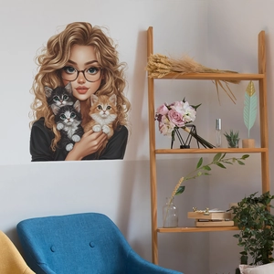 Sticker mural fille mignonne avec chats pour décoration de chambre et salon
