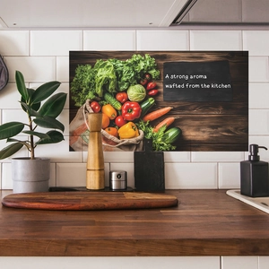 Self-adhesive vegetable wall sticker with kitchen quote on dark wood background