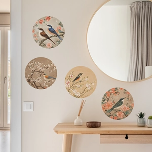 Set of four circular Chinoiserie floral bird wall stickers in a warm home decor setting