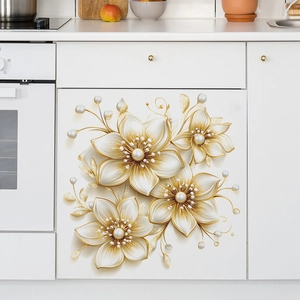 3D golden flower wall sticker with pearls for kitchen cabinet and home decoration