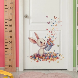 Self-adhesive cartoon rabbit wall sticker with butterflies for kids bedroom decor
