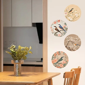 Four-piece set of traditional Chinese round wall stickers featuring bird and flower art