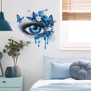 Artistic blue eye wall sticker with butterflies and flowers for bedroom decor