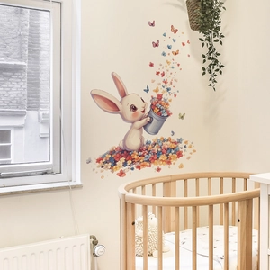 Cute bunny wall decal with flowers and butterflies for nursery room home decor