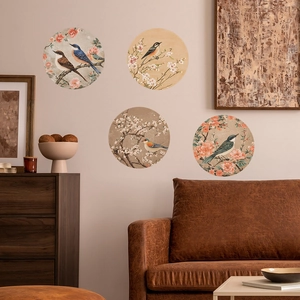 Classic Chinese floral and bird round wall decals set displayed in a warm living room scene