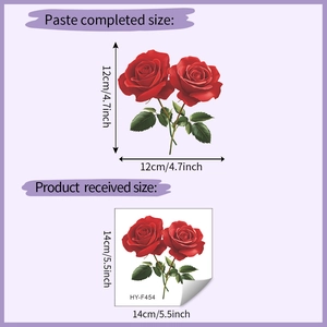 Detailed size comparison for red rose wall sticker showing applied and sheet dimensions