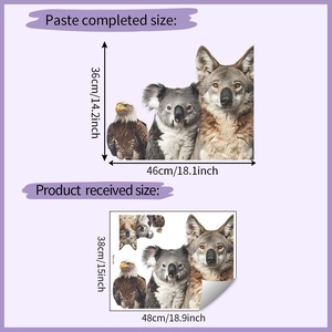 Detail view of animal wall stickers showing Eagle, Koala, and Wolf layout and dimensions