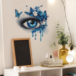 Artistic blue eye wall decal with butterflies and flowers for home decor