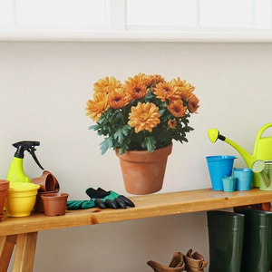 Self-adhesive orange chrysanthemum potted flower wall sticker for home kitchen decor