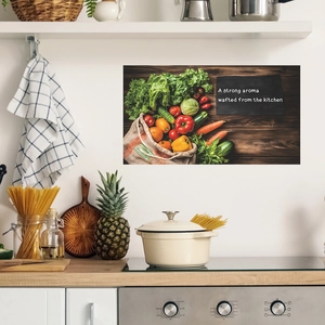 Self-adhesive vegetable and fruit wall sticker on rustic wood texture for kitchen decor