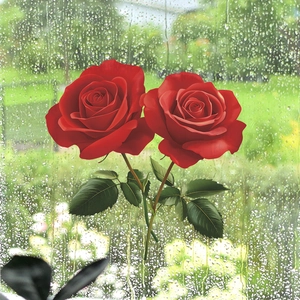 Self-adhesive red rose wall stickers featuring two blooming flowers with green leaves