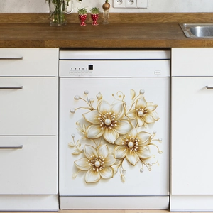 3D floral wall decal with golden leaf pattern for kitchen cabinets and dishwashers