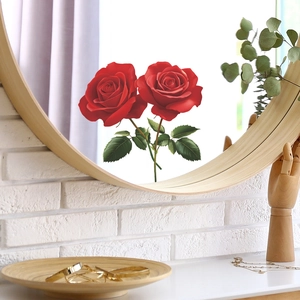 Self-adhesive red rose wall stickers on a round mirror with elegant floral petal details