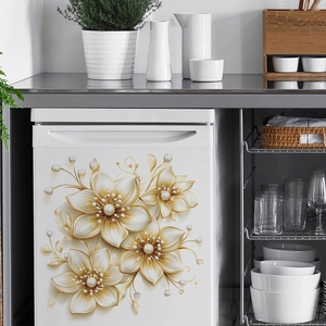 3D floral wall decals featuring golden flowers and pearls for kitchen fridge decor