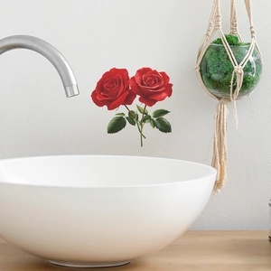 Self-adhesive red rose wall decals for bathroom decor featuring green leaves on white walls