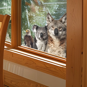 Vivid wildlife glass window stickers featuring eagle, koala and wolf for home decor