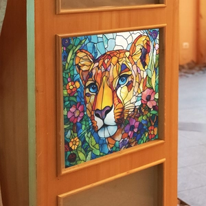 Colorful stained glass window film with leopard head and floral pattern on wood frame