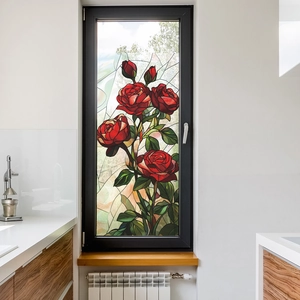 Red rose stained glass window sticker for home decor with realistic flower and green leaves