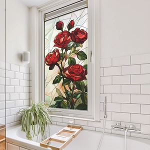Self-adhesive stained glass window film with red rose pattern for privacy in bathroom decor