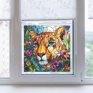 Creative stained glass lion wall sticker with vibrant flower decor for home windows