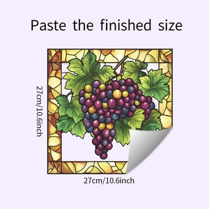 Detail view of stained glass style grape wall sticker with 27x27cm size markings