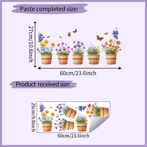 Size chart showing dimensions for floral potted plant wall stickers and butterfly decals