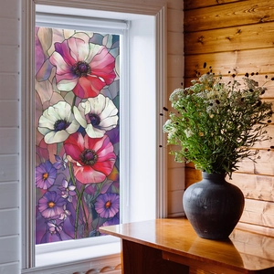Stained Glass Style Poppy Flower Window Film Self Adhesive PVC Wall Sticker Decorative Translucent Privacy Decal For Home Bathroom Window