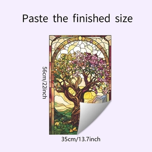 Detail showing the colorful stained glass tree wall sticker with size measurements