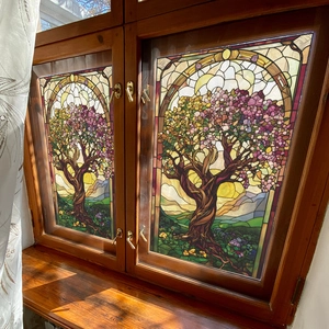 Frosted Tree of Life stained glass window film with colorful flowers for home decor