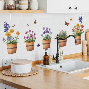 Removable Potted Plant Flower Butterfly Wall Stickers Waterproof PVC Home Decor Decals For Window Glass Kitchen Bathroom Decor