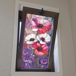 Self-adhesive floral stained glass window film with pink poppy flower patterns for home decor