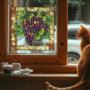 Creative grape stained glass window sticker with green vine leaves for home decoration