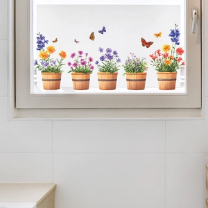 Self-adhesive flower pot and butterfly wall stickers for window and home decoration