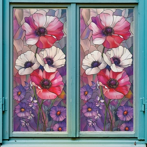 Stained glass style floral window film with pink poppies on rustic blue wooden window frames