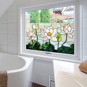 Frosted glass film with pink lotus flower design for bathroom window privacy and decor