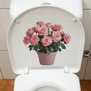 Sticker adhésif décoratif roses roses en pot pour salle de bain et couvercle de WC