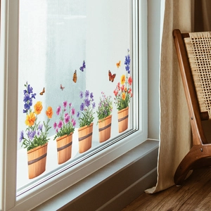 Realistic potted flowers and butterflies wall stickers on glass window for home decor