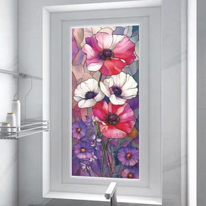 Stained glass style poppy flower window film decoration for bathroom and home privacy