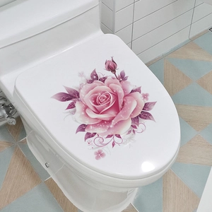Pink rose floral toilet lid sticker with glitter and purple leaves for home bathroom decor