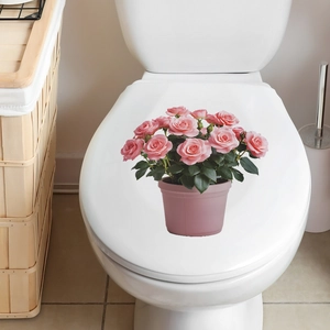 Sticker mural 3D avec roses roses en pot pour la décoration des toilettes de salle de bain