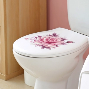 Pink floral rose toilet lid sticker with green leaves for home bathroom decoration