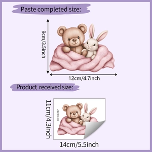 Detailed view of cartoon bear and rabbit wall sticker with product dimensions shown